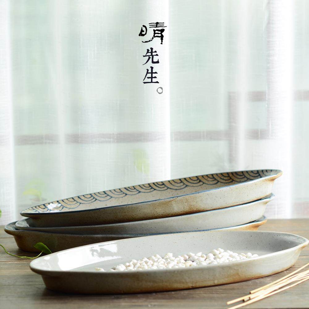 餐日式盘子绘用釉IKR下彩手青花菜盘陶瓷盘大盘子深盘鱼盘蒸鱼盘
