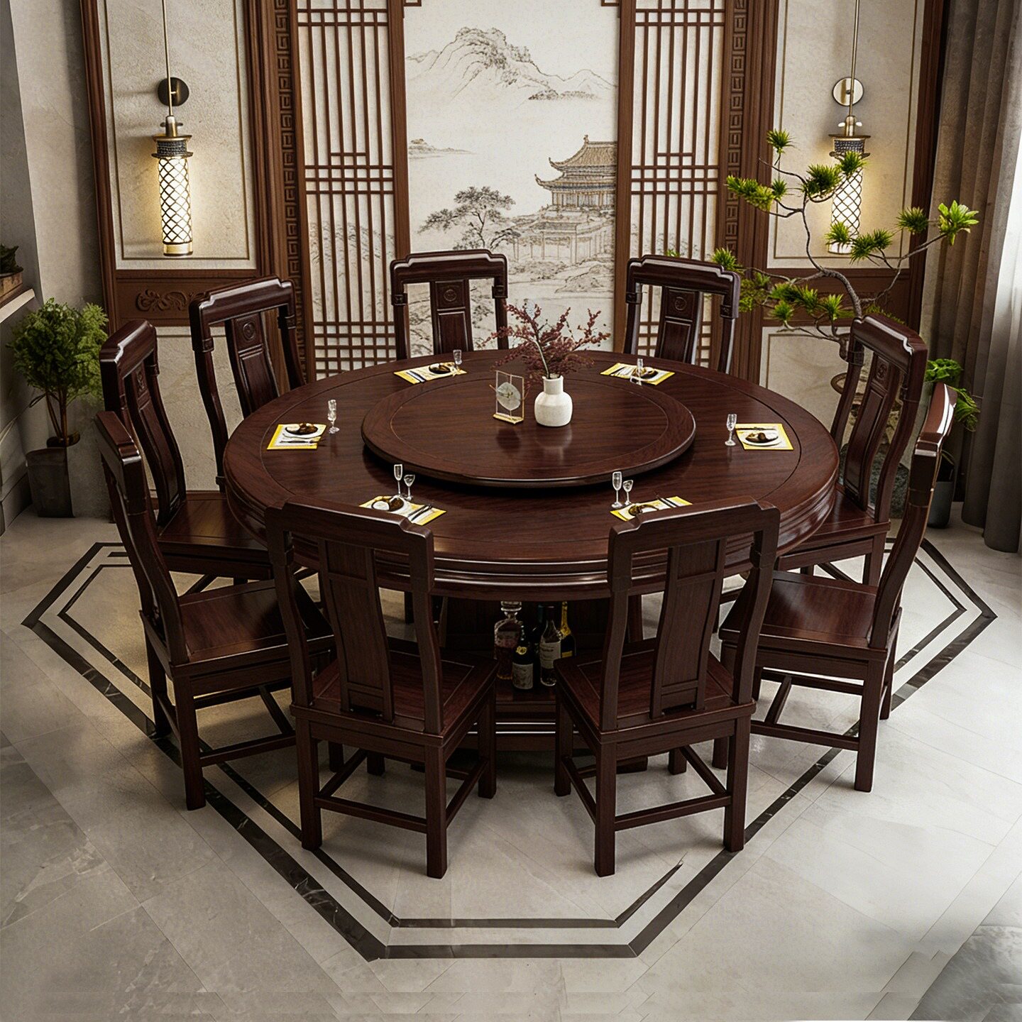 乌檀木实木储物圆桌带转盘旋转桌新中式家用餐厅复古餐桌椅组合