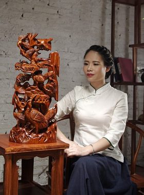 木雕松鹤延年摆件红木工艺品家居客厅电视柜装饰生日贺寿祝寿送礼