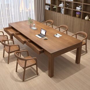 客厅全实木大书桌带抽屉休闲区阅读洽谈桌多人学习桌长桌子工作台