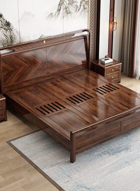 乌金木床无辅料实木家用主卧1.8米大床新中式1.5储物双人婚床W906