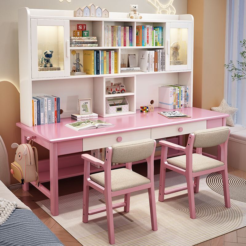 双人电脑桌实木书桌书架书柜一体组合学习桌家用中小学生写字桌椅