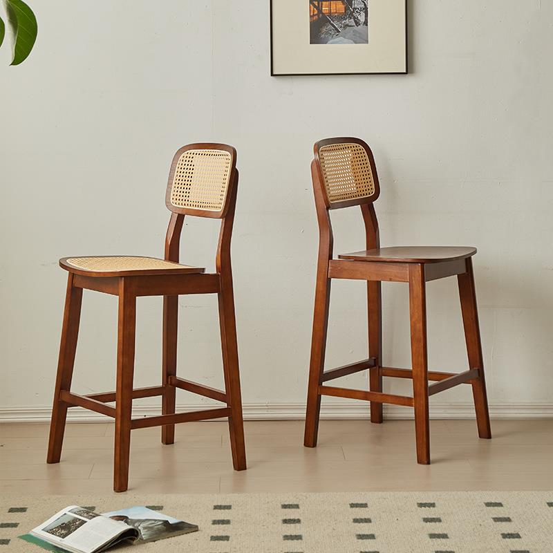 新款北欧风实木藤编高吧椅岛台餐厅靠背吧椅侘寂风酒吧高脚凳