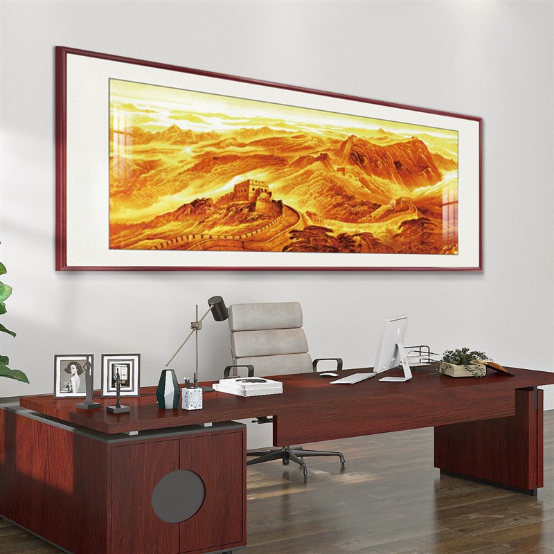 金色万里长城中式客厅字挂u画聚宝盆沙发山水办公室背景墙壁靠山