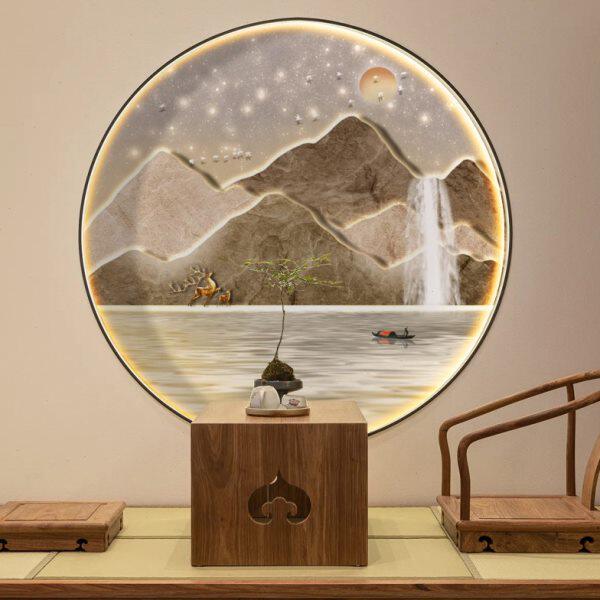 现代轻奢卧室床头装饰画高档山水风景发光圆形壁画别墅主人房壁纸