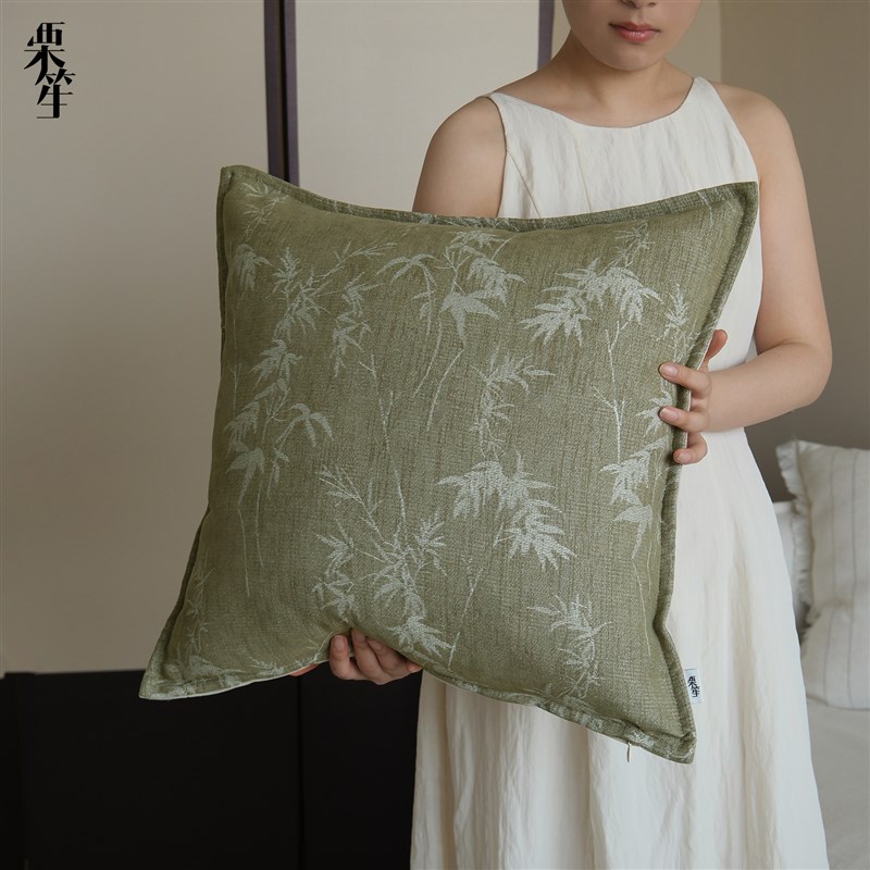 宋式美学新中式绿j色系竹叶抱枕客厅沙发棉麻靠垫民宿国风腰枕靠
