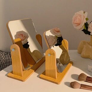 台式化妆镜可翻转宿舍桌面梳妆镜简约家用木质镜现代复古风镜子