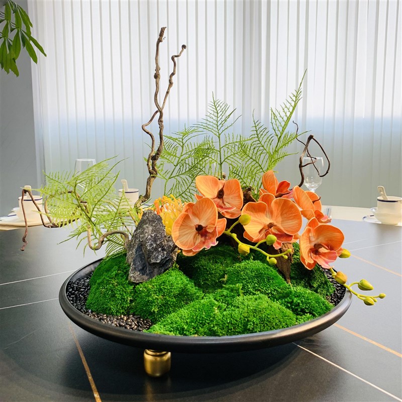 酒店大圆桌餐桌花摆花q餐桌转盘中间彷真花假花新中式简约装饰摆