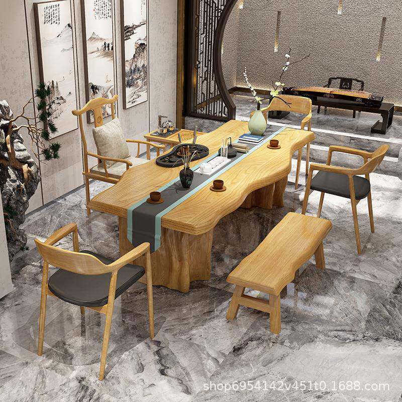 新功中式大CMS板桌茶椅合实木夫泡茶桌办公室茶台老组板办公桌会