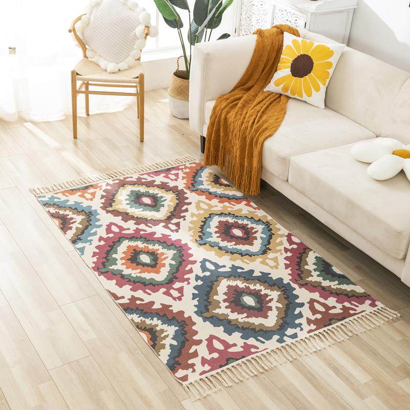 日DT式棉线印手工编织长花地毯家用苏客厅房间床边条流防滑地垫