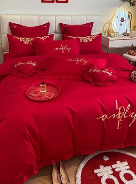 全棉喜结婚床上用品四件套中式庆纯棉床单被JFW84u4t套大色婚陪嫁
