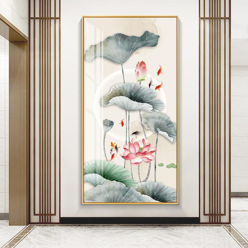 入门玄装饰画新中式画过道走廊尽头挂IbaOP35V版水墨关画竖鱼图荷