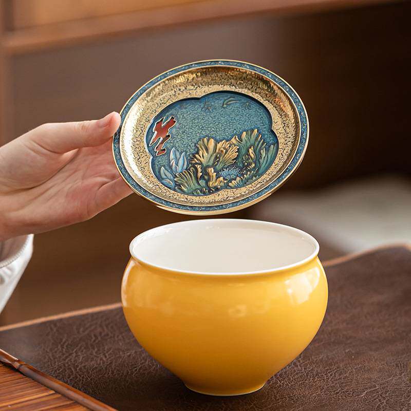 中式家用带盖琅彩陶瓷建水 储水茶滤 复古风多色洗水盂迷你茶渣桶