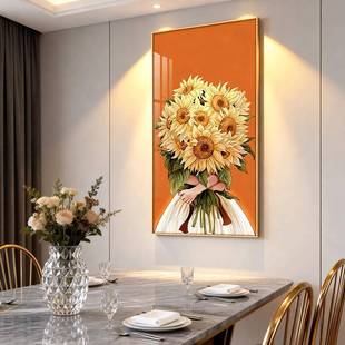 简约入户玄关装饰过画清新日葵卉走向廊道客厅挂画温馨花竖版YAY-