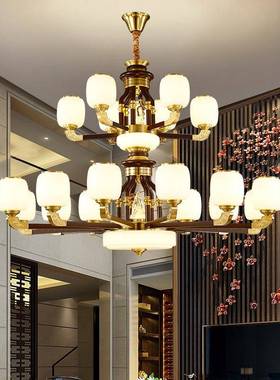 新中式式楼厅大吊555灯全复铜实木大奢华气别墅楼客梯跃层中空大