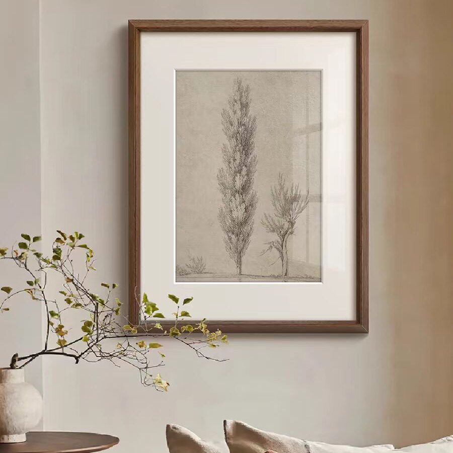 树》黑白素描装饰画法式复古中古风客厅壁画玄关走廊书房实木挂画