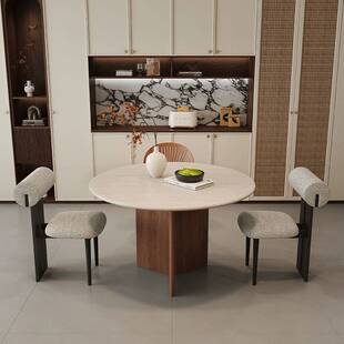 岁月slowtime中古风天然洞石圆形餐桌小户型家用复古大理石圆桌