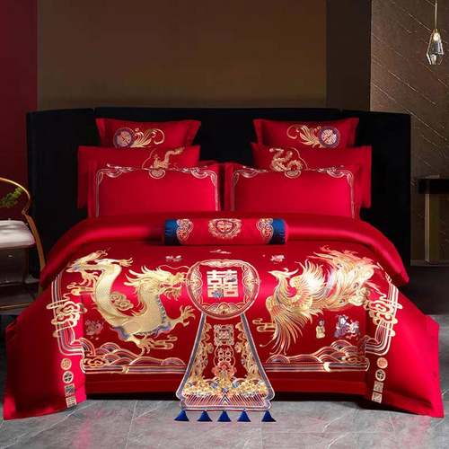 四全棉婚庆件套大红刺十绣结婚六八件套全棉棉绣花婚礼喜被床上纯