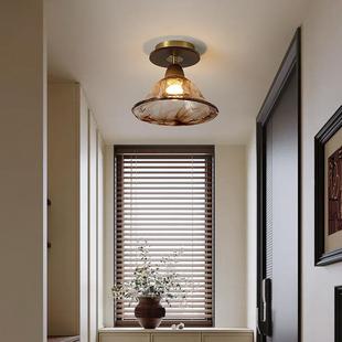 中古风d餐厅玄关台家用27胡阳桃木色璃le灯法式 复古玻过道灯吸顶