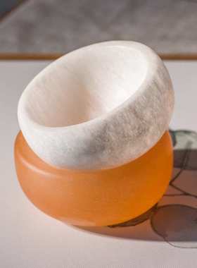 新石膏碗天然石膏矿石碗冥想消磁碗疗愈摆件圆形爱心碗橙色工艺品