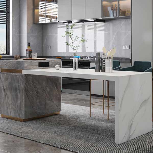 白色烤漆个性岩板中岛台餐桌极简现一体开放式吧台大板简约两用