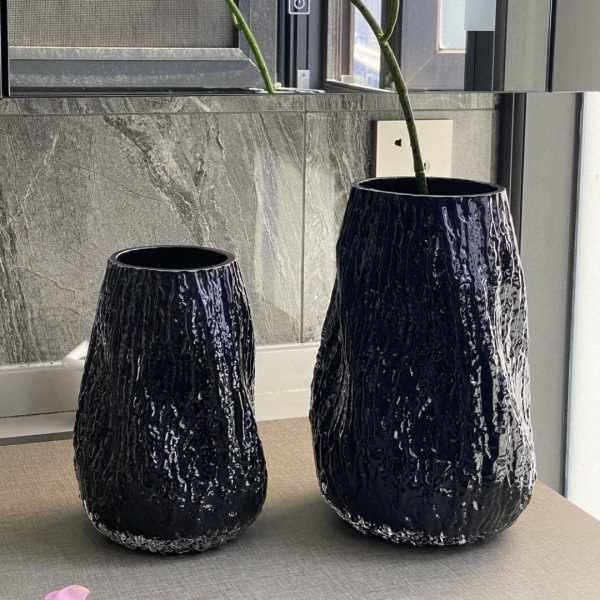 HJM-新款轻奢黑色树皮纹玻璃花居家客厅阳台餐桌插花器软装摆件