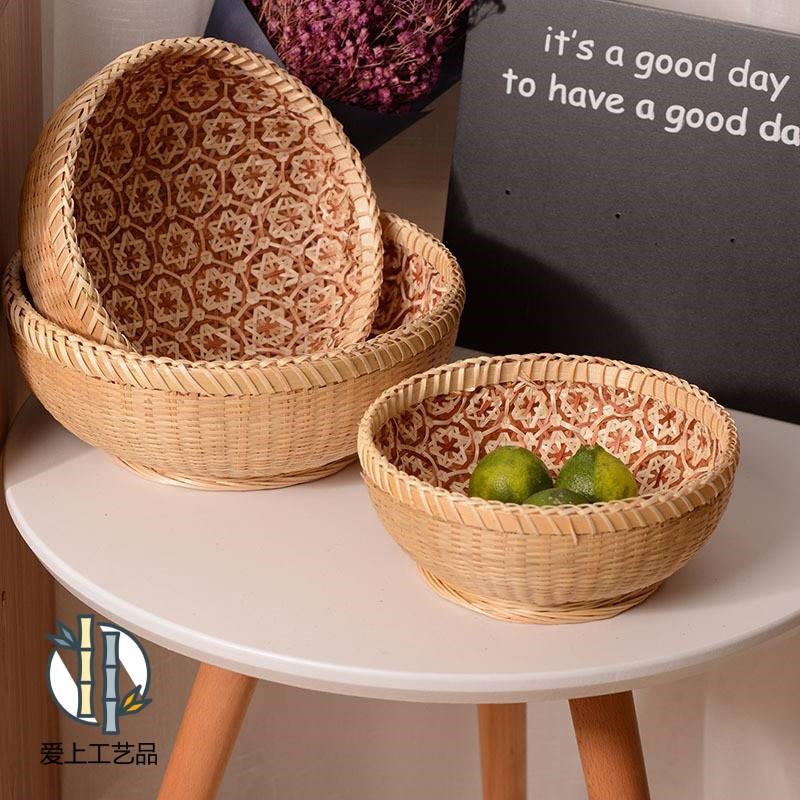 糖果盘手工竹编织水果蔬菜收纳篮子簸箕竹制产品圆形馒头筐大中小
