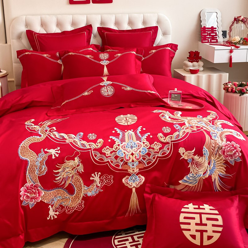 高档中式婚庆四件套大红色龙凤刺绣被套纯棉喜庆陪嫁结婚床上用品
