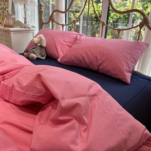 ins玫红色水洗棉床上四件套全棉纯棉1.5m米被套床单三件套少女心