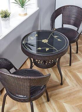 藤椅三子件套阳台桌椅休套闲椅户外客厅S000067藤椅茶圆几转椅桌五件仿藤