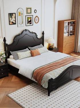 美式复实木卧床.8m雕花1黑色主室双人婚床小户HT1103型古高箱储物