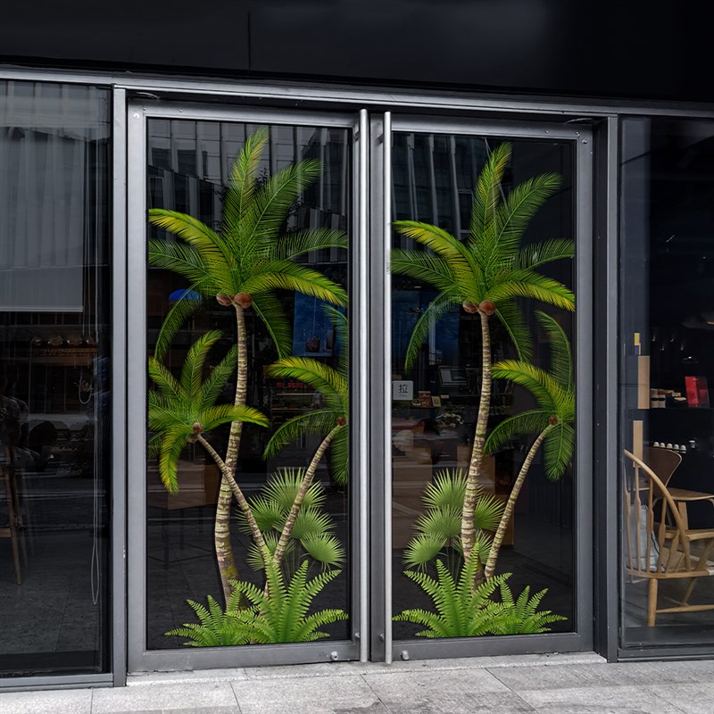 椰树绿植玻璃贴纸推拉门门贴咖啡店餐厅商场超大静电无胶窗花贴饰