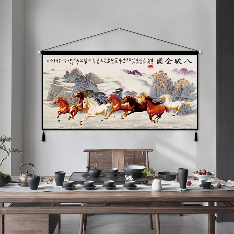 中式八骏图横版墙布挂布画背景布马到成功床头布艺装饰布画定制图片