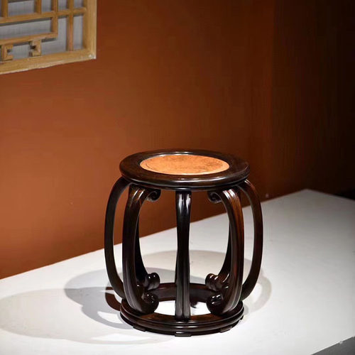 大红酸枝镶樱木瘤八足鼓凳红木圆凳实木古筝凳仿古换鞋凳黑料无补