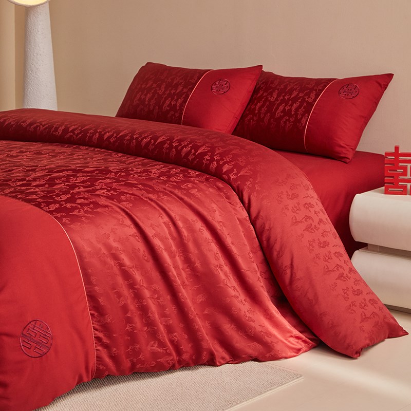 高档提花A类纯棉结婚床上四件套婚庆大红全棉被套新婚房喜被床单