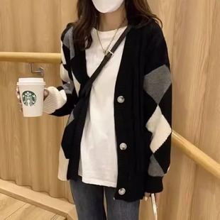 毛衣中长款 女开衫 宽松慵懒风拼色菱格休闲上衣外套 针织衫 春秋新款