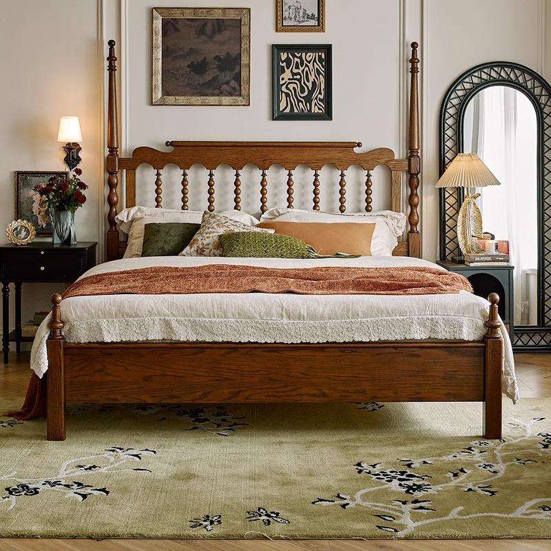 法式复古实木床双人主卧大床美式高柱中古风温莎床胡桃色简约婚床