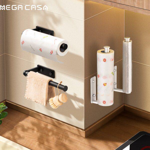 Mega Casa 厨房保鲜膜袋抹布收纳吸油纸巾架黑色免打孔卷纸置物架