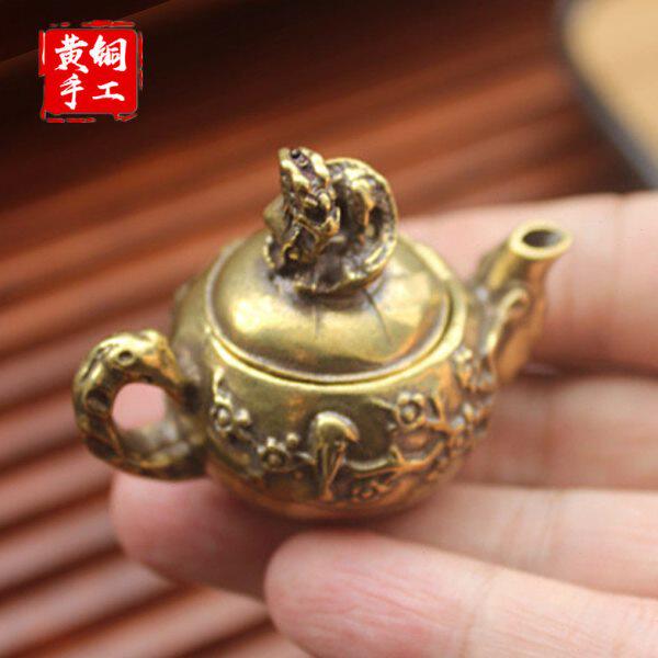 黄铜小茶壶喜上眉梢铜壶工艺品摆件纯铜仿古茶具收藏品家居装饰品