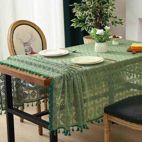 田园T/C混纺镂空钩花餐桌布米色茶几布流苏桌布床头柜边柜电视柜