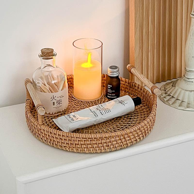 原木风藤编收纳托托盘手工藤编篮野餐面面包篮拍照氛围道具装饰摆