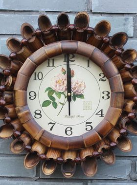 典中点钟表挂钟客厅创意挂表 中国风超静音时钟竹子书房钟表家用