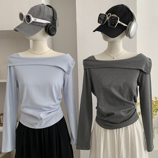 2026早春新款一字肩T恤内搭长袖纯色上衣打底衫可外穿