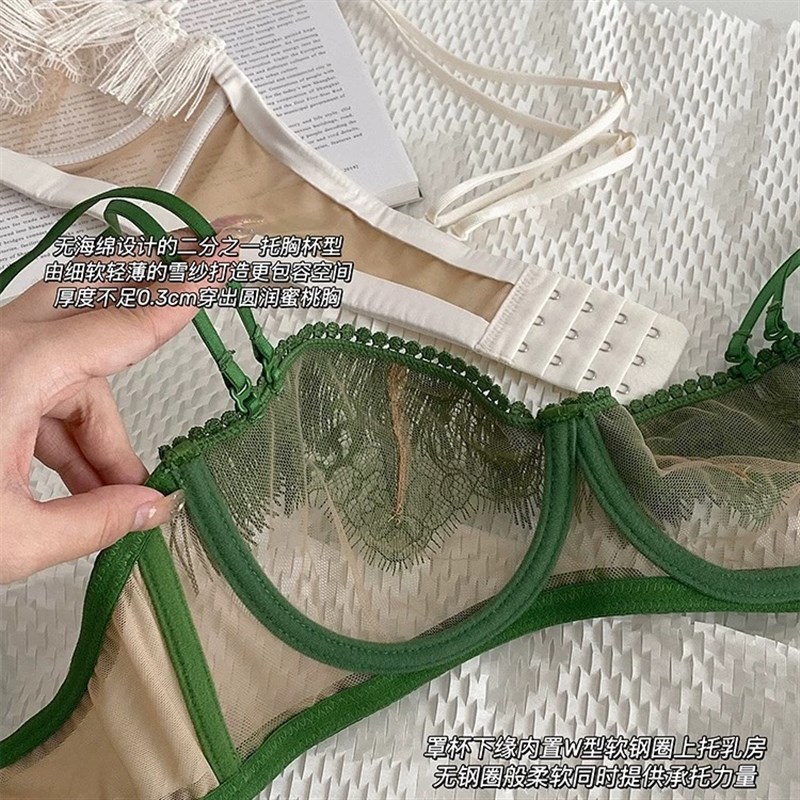 蕾丝网纱内衣女大胸显小胸罩薄款软钢圈上托防下垂半杯无海绵文胸