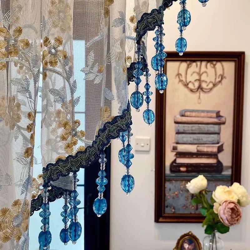 法式家用绣花纱帘免打孔门帘隔断帘走廊门对门拱形帘蓝色珠帘