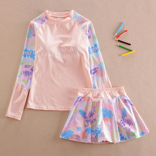 学生泳装 平B角裤 13女孩游泳衣15 防晒泳衣儿童分体裙式 女大童长袖