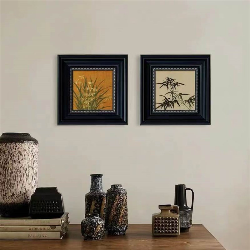 新中式客厅装饰画 画法式混搭墨竹国风壁画 画玄关书房黑色方形小图片