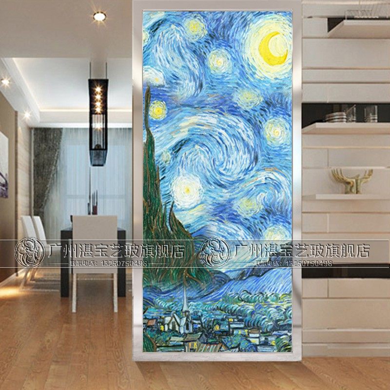 艺术玻璃欧式屏风隔断背景墙柜子玄关过道双面工艺客厅抽象画星空