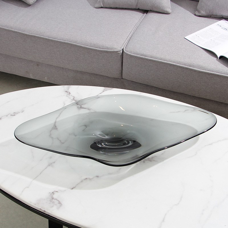 家居现代酒店前台摆件灰色玻璃水果盘样板房装饰售楼处摆场摆设