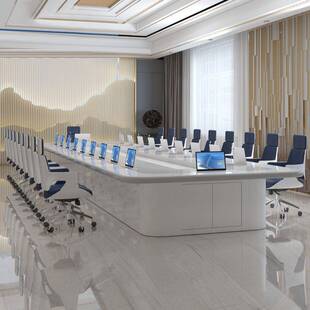 创意智能无纸化烤漆会议桌升降屏显示器大会议长桌简约现代开会桌